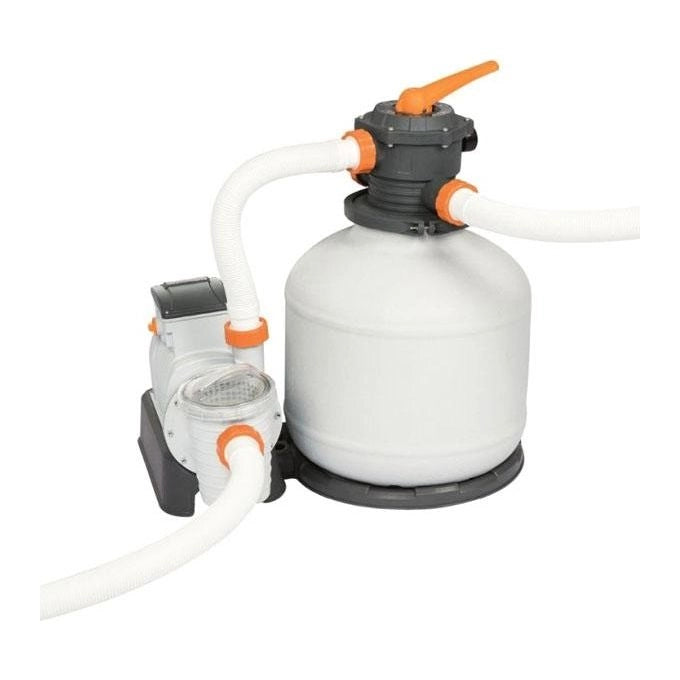 Bestway 58486 Set di filtro per sabbia per piscina fuori terra 11.355 L-h con timer valvola a 6 vie 36 kg di sabbia inclusa colore Nero Arancione Bianco
