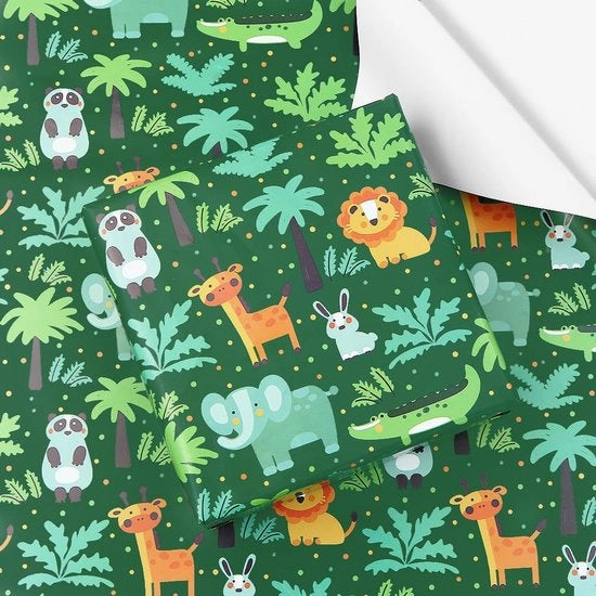 Papier per confezionamento con disegni di animali da foresta - Cadeaupapier per bambini - Confezionamento in rotolo - Festa di benvenuto per bambini - 4 fogli 50x70 cm - Disegno colorato