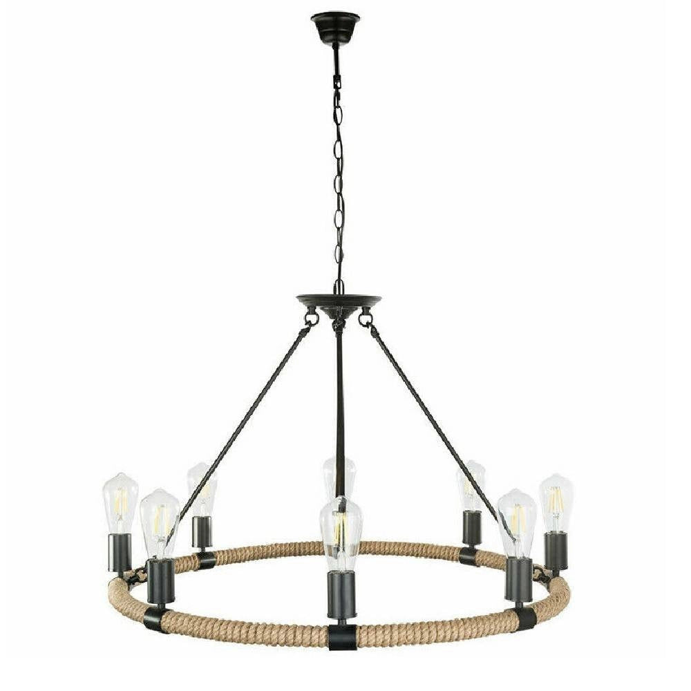 Trade Shop - Lampadario Rotondo Rustico In Canapa Metallo Attacco E27 Lampada Industriale A20 -