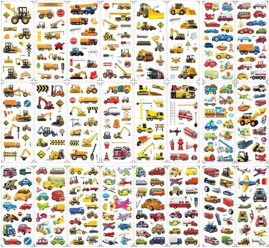 Etichette 3D 24 pezzi - Veicoli da costruzione - Sticker per auto - Per bambini - Multicolore - Imbottito acqua/scheur resistente