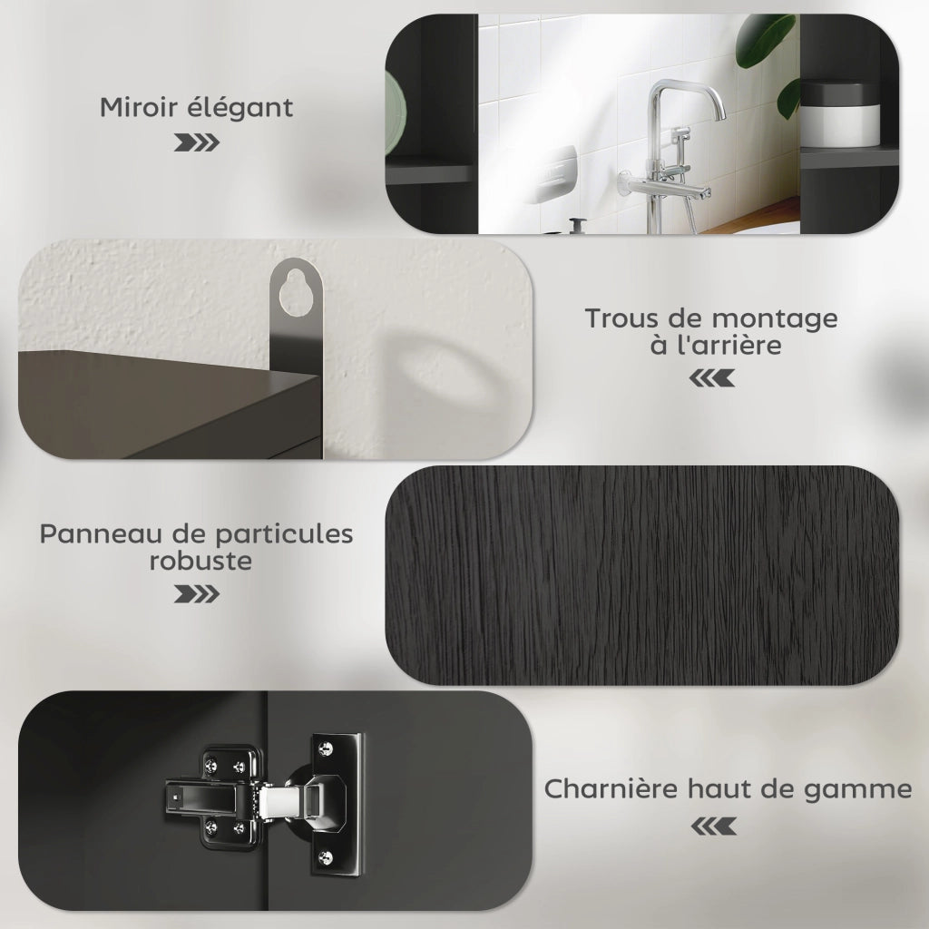 Mobiletto da bagno con specchio, ante e 6 scomparti aperti ¨C Minimal ¨C Nero 60x14.5x49.4 cm