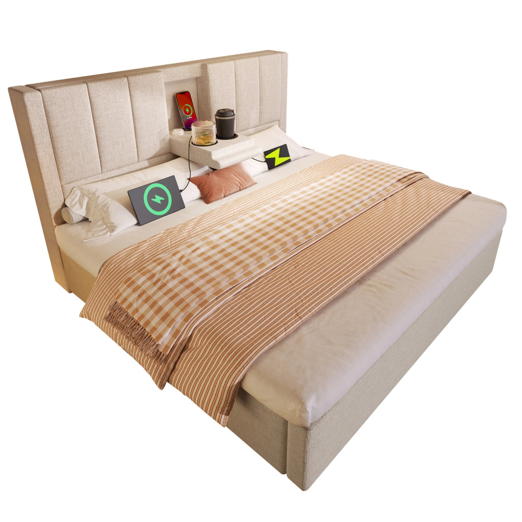 Letto contenitore matrimoniale 180 × 200 cm con 2 portabicchieri; USB e Type-C; senza materasso; in lino beige
