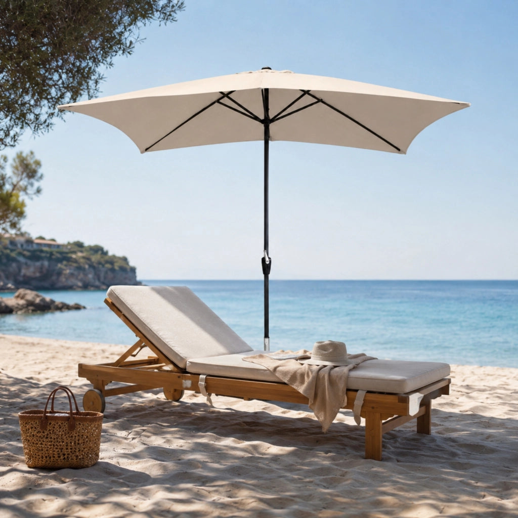 Ombrellone Rettangolare 3 x 2 M Da Giardino Parasole Per Balcone Con Air Vent Apertura A Manovella Anti UV Idrorepellente Per Mare Spiaggia Piscina Terrazzo Design Bahamas Beige