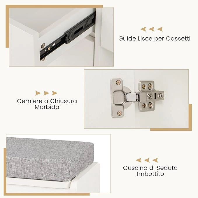 Tavolo da Toeletta con Luci, Set Tavolo e Sgabello con Stazione di Ricarica, Luci a 3 Colori, 2 Cassetti, 3 Ripiani, Sgabello con Contenitore, 90 x 40 x 135 cm, per Soggiorno Camera da Letto