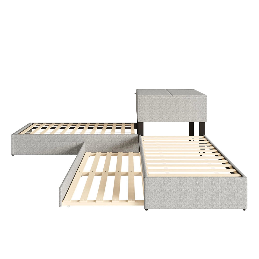Letto angolare - Xylo - 90x200 cm gigogne lino grigio