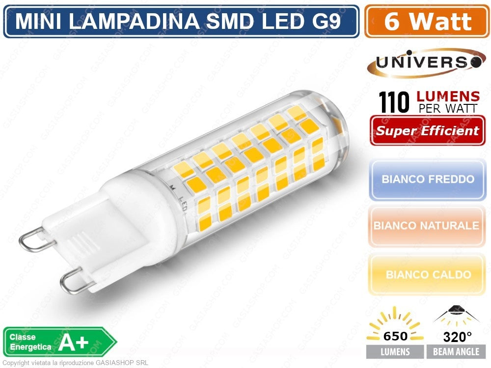 UNIVERSO MINI LAMPADINA CORN TUBOLARE LED SMD 2835 G9 6W WATT 680 LUMEN - Colore Luce:Bianco Caldo