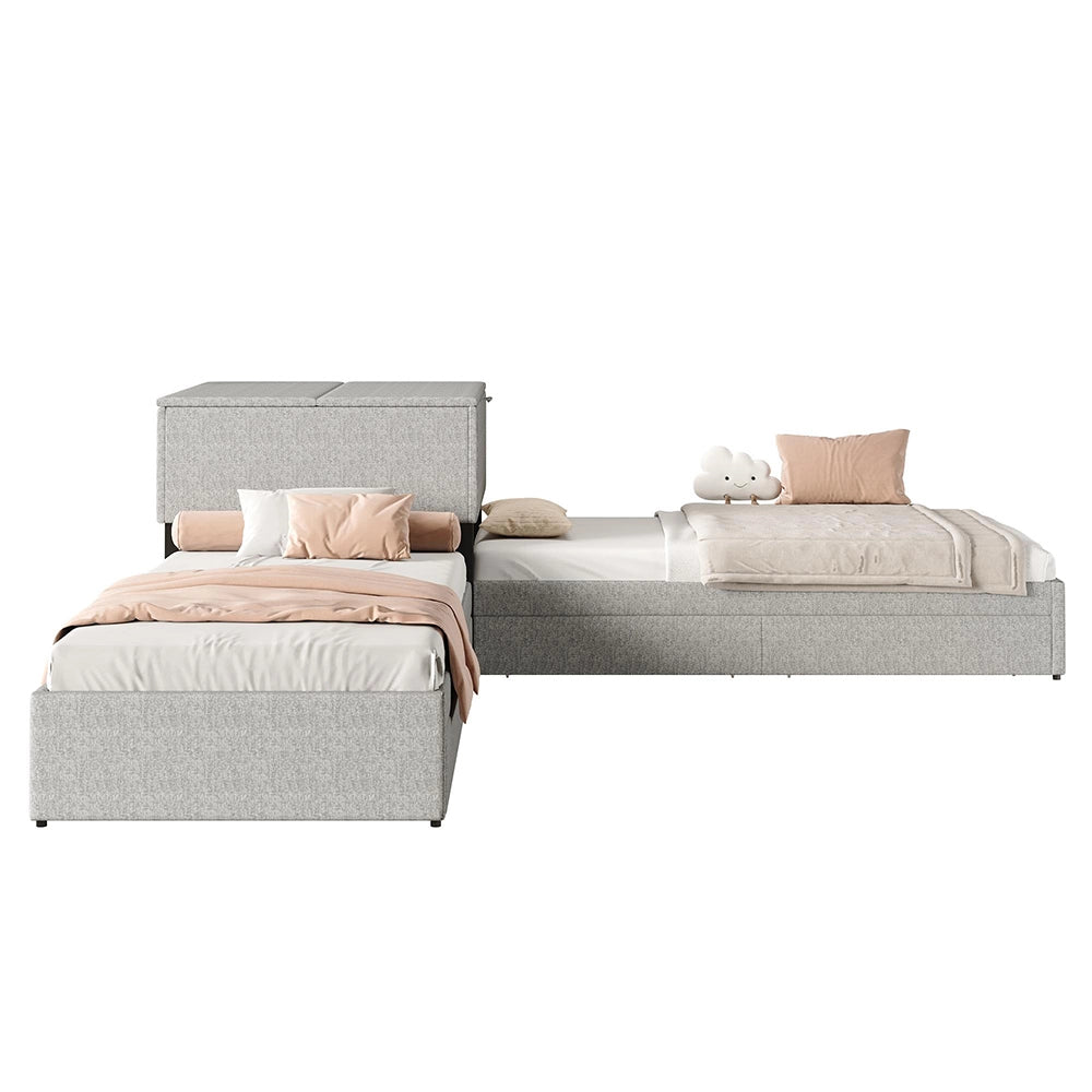 Letto angolare - Xylo - 90x200 cm gigogne lino grigio