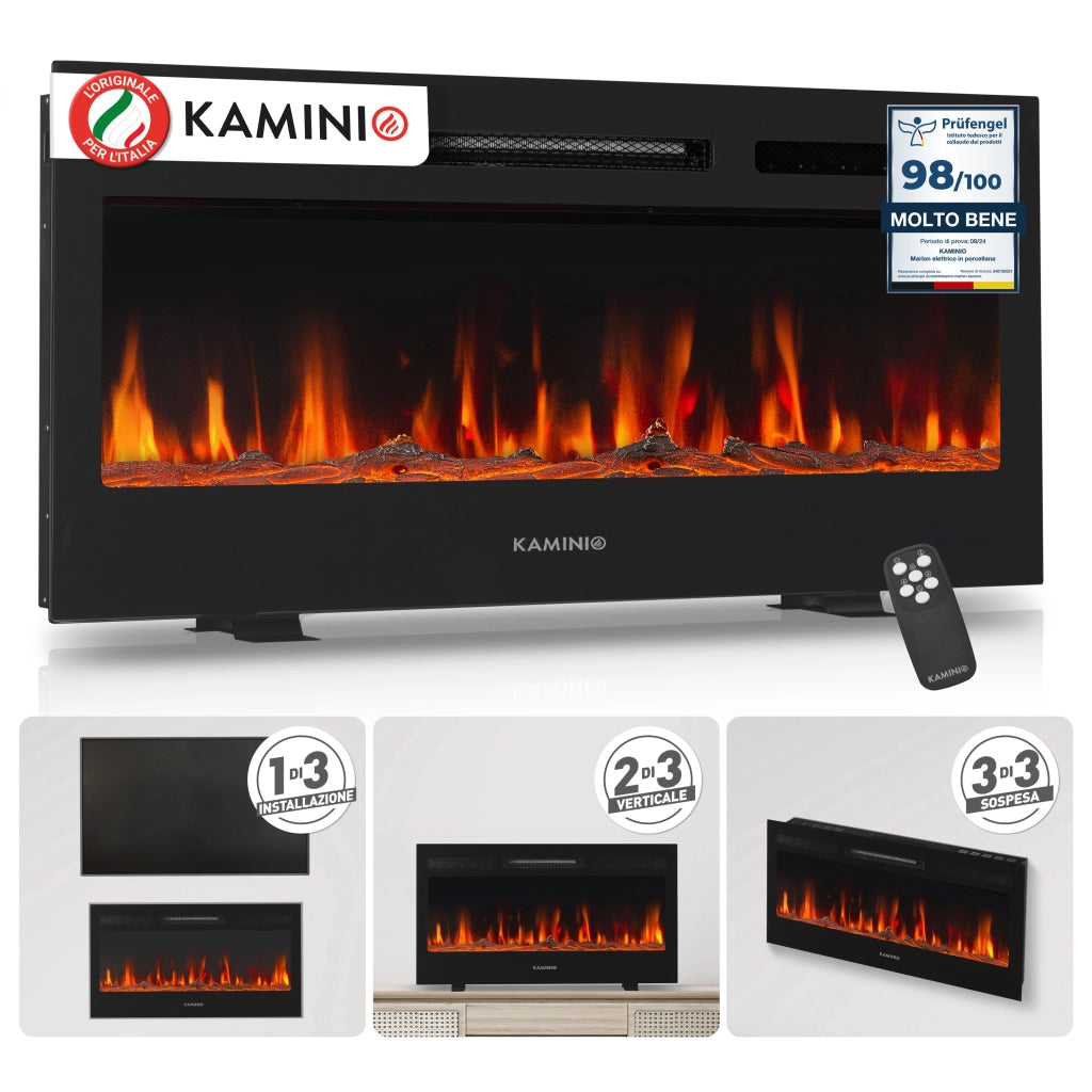 KAMINIO Camino elettrico MARLON - Camino elettrico 3 in 1 con riscaldatore, effetto fiamma 3D, 12 colori di fiamma, telecomando - 36 pollici