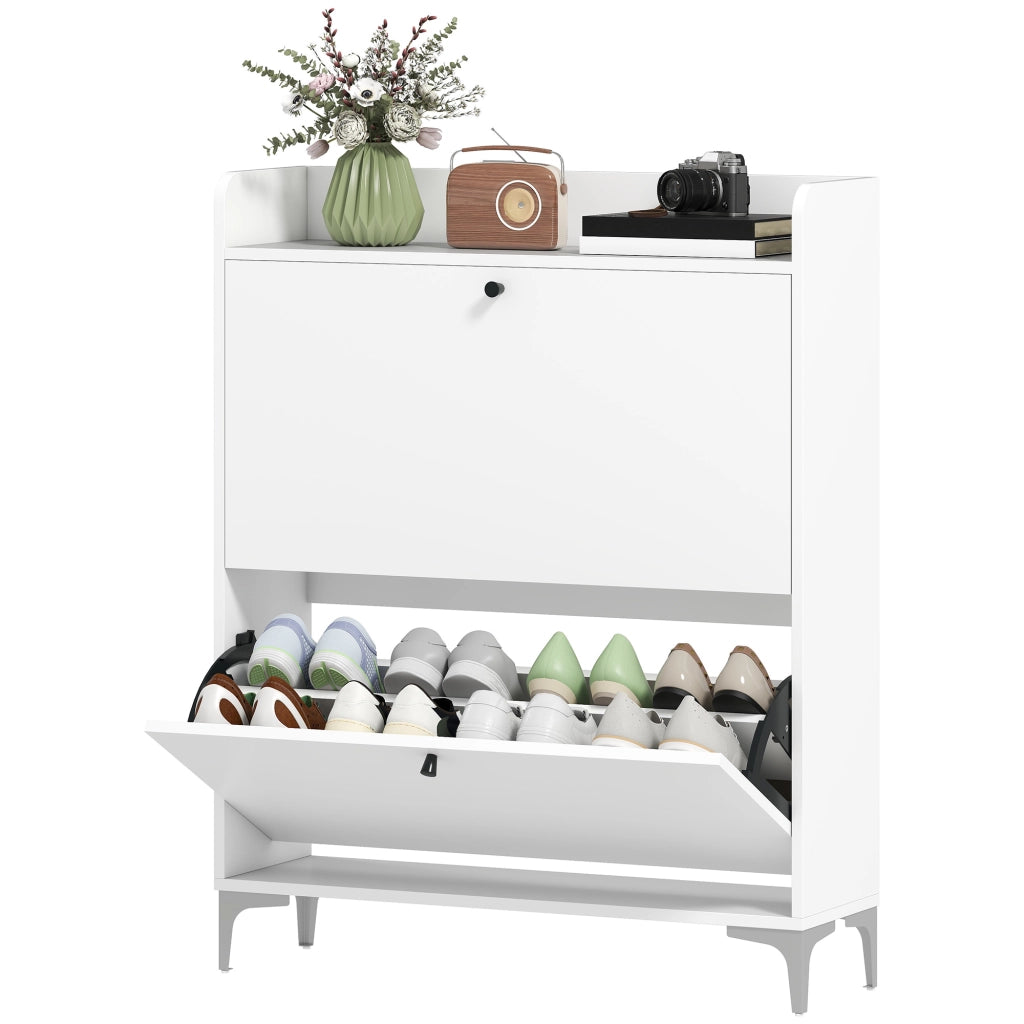 Scarpiera Slim Salvaspazio ¨C Xylo ¨C Legno e Metallo Bianco 2 Cassetti a Ribalta 80x24x101 cm