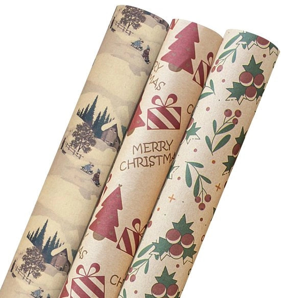 Pacco di carta da regalo per Natale - Rotolo da 5 m - 3 pezzi - Carta kraft - Imballo sostenibile - Materiale di alta qualità - Disegni festivi - Carta da imballaggio