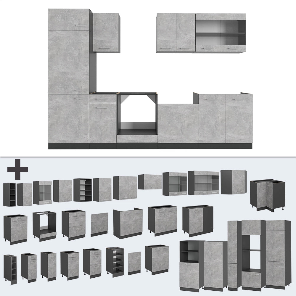 Cucina componibile R-Line Calcestruzzo/Antracite 300 cm, PL Antracite Vicco