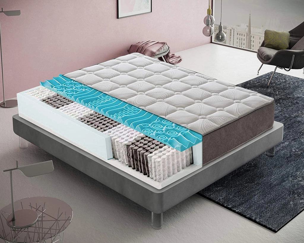 Materasso Piazza e Mezza 120x200 a molle insacchettate, 4 cm memory foam, ortopedico, 800 molle insacchettate, 9 zone di comfort