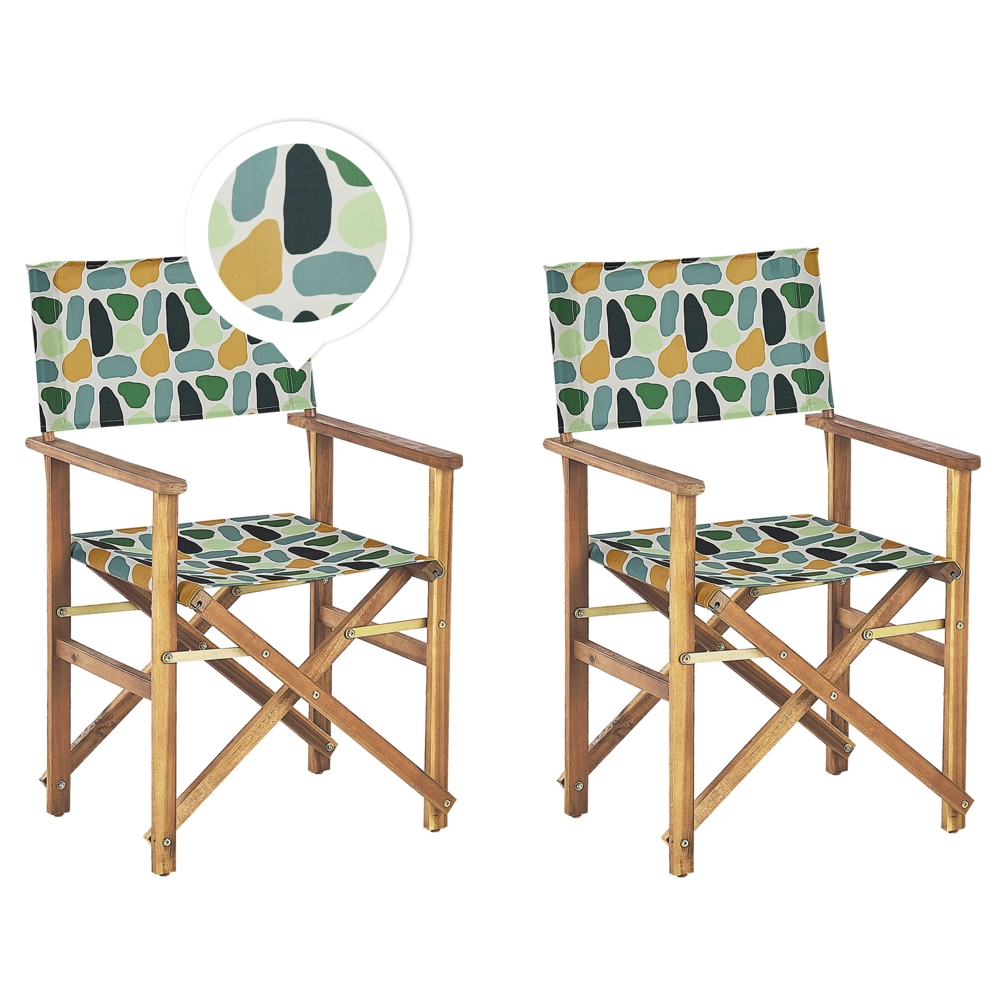 Set di 2 sedie da regista da giardino in legno chiaro con tessuto di ricambio in acacia bianco sporco con motivo astratto pieghevole con 2 Tele intercambiabili