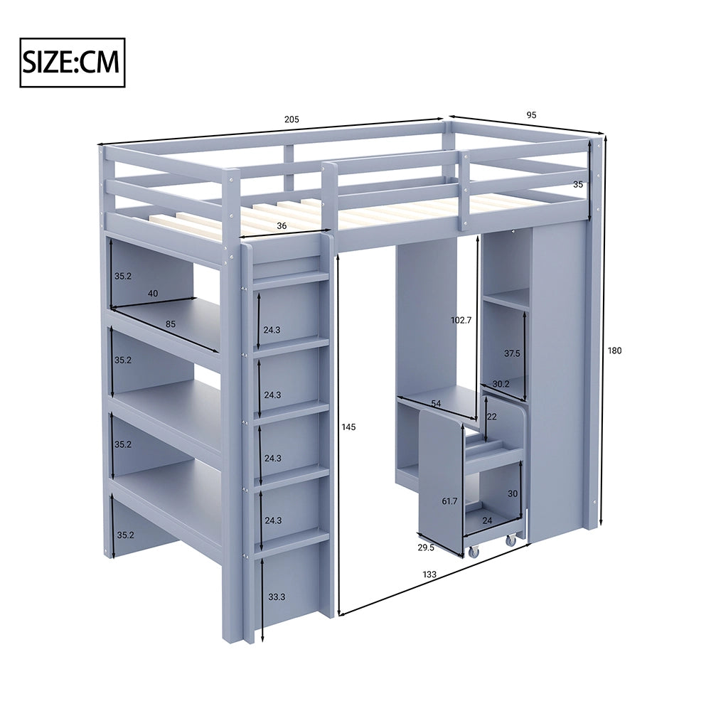 Letto a castello bambini - Xylo - 90x200 cm scaffali grigio