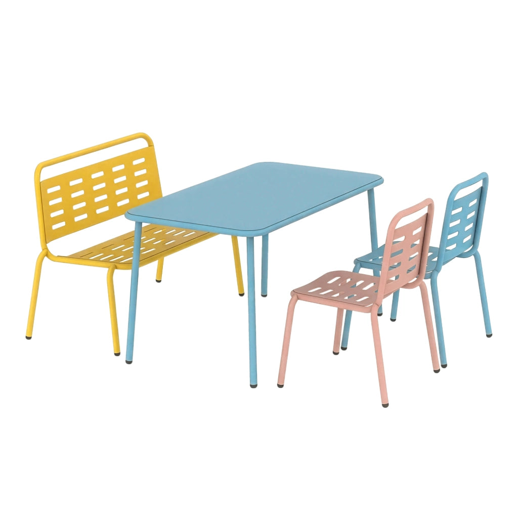 Set di 4 Mobili Etroubles per Bambini Tavolino Panca e 2 Sedie per Esterno e Interno - Giallo/Celeste/Pesca casa.pro