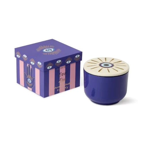 Candela Charmed da 226 g in vetro blu con occhio di Allah in ceramica - Incenso e fumo