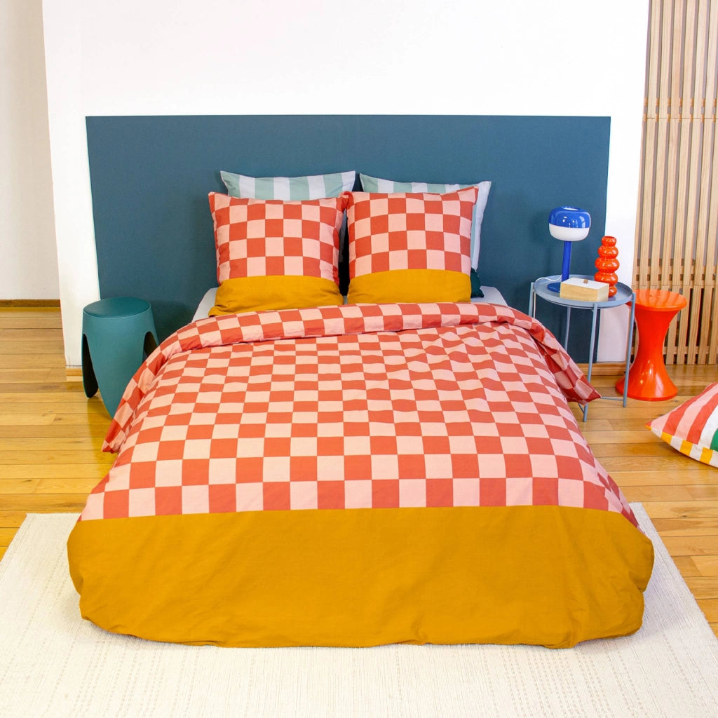 Set biancheria da letto in cotone con motivo a scacchi rosso e