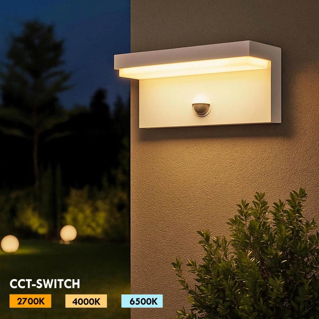 Applique esterno da parete con sensore LED CCT SWITCH 10W impermeabile IP54 luce muro giardino ingresso garage parcheggio COLORE BIANCO