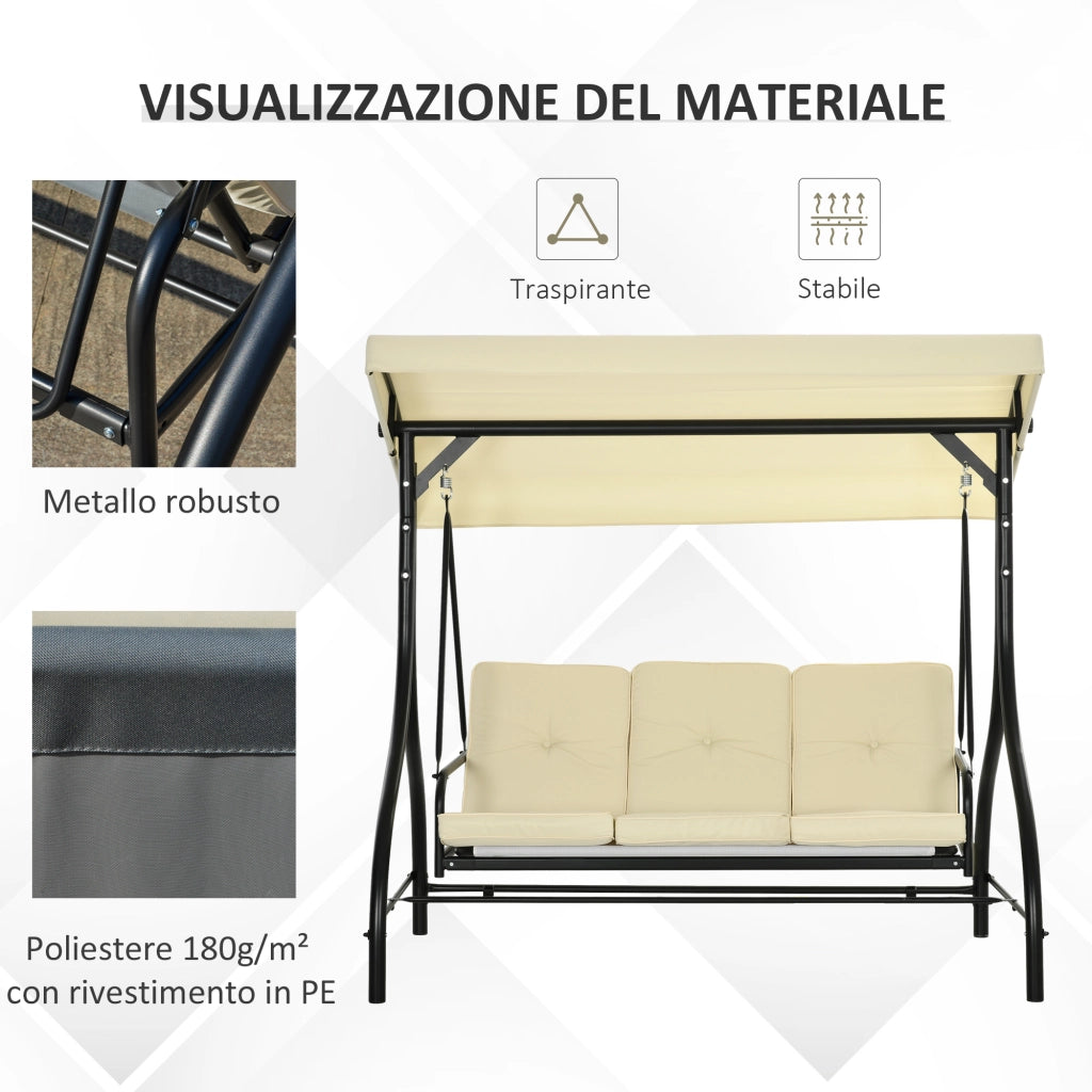 Dondolo da Giardino 3 Posti con Tettuccio Regolabile ¨C Minimal ¨C Tessuto Beige e Metallo Nero
