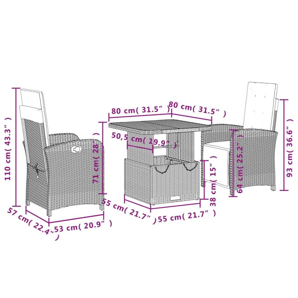 Set da Pranzo da Giardino 3 pz con Cuscini Nero in Polyrattan 3277375