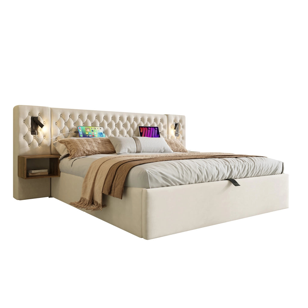 Letto matrimoniale con contenitore idraulico 160x200 cm; comodini; luci LED e materasso beige in velluto