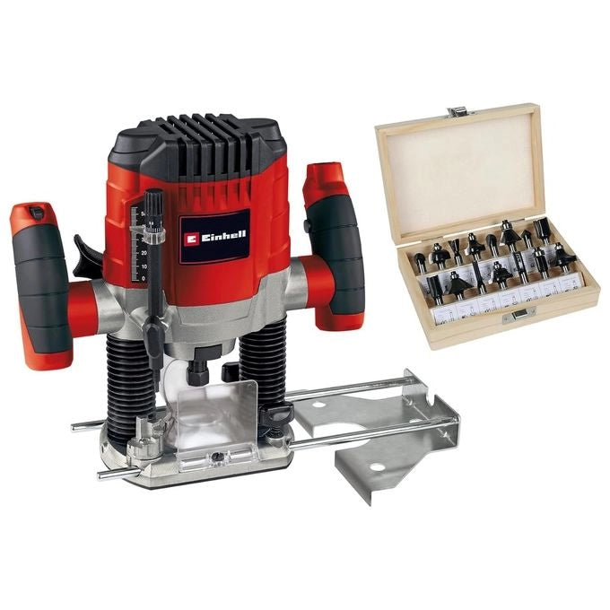 Einhell 4350474 TC-RO 1155 Kit Fresatrice verticale 1100 W velocita' regolabile 6 8 mm con guida parallela e set 15 frese colore Rosso e Nero