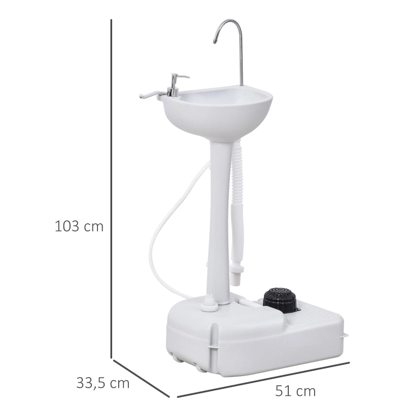 Lavabo portatile con pompa a pedale serbatoio da 17 l ruote e porta asciugamano in acciaio inox bianco per esterni