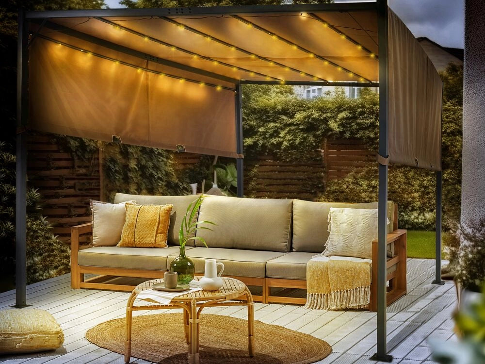 Gazebo in metallo e poliestere marrone con luci LED 310 cm pergola da giardino