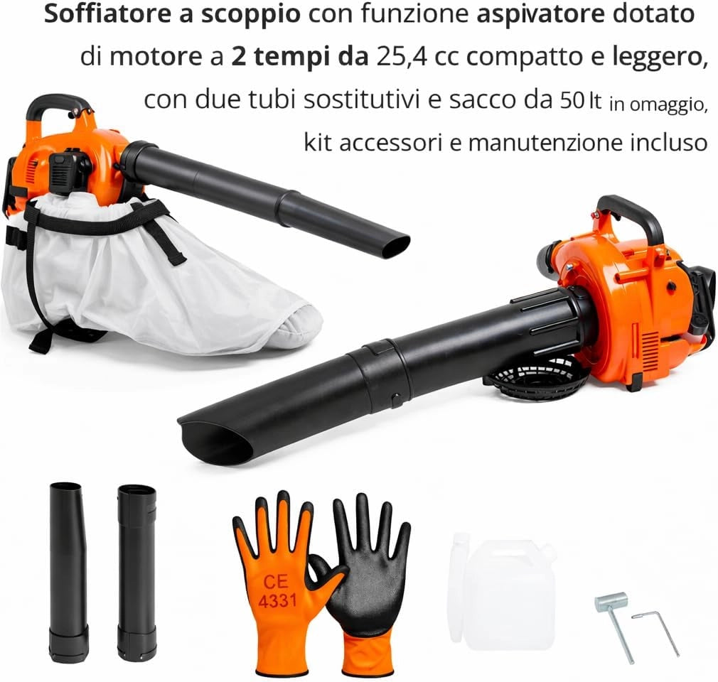 Soffiatore a Scoppio 2 Tempi 25,4 cc, con funzione Aspiratore, Compatto e Leggero, Doppio Tubo Incluso, Sacco Raccolta 50L Omaggio, Kit Accessori e Manutenzione, Ideale per Foglie e Giardino.