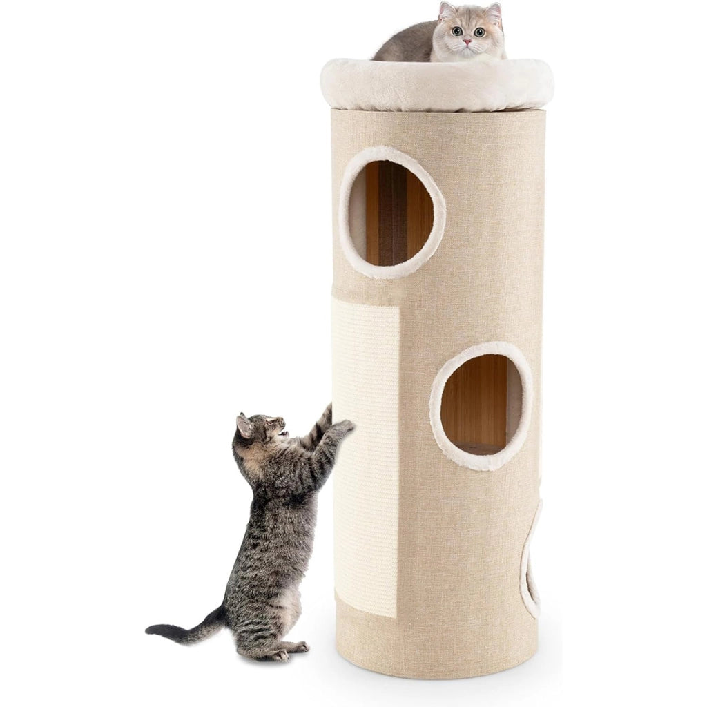 Casa per gatti a 4 piani con letto a caverna elevato, Tavoletta per graffi e altro ideale per pi¨´ gatti Bianco + Naturale-Alberi Tiragraffi