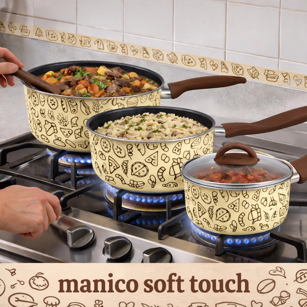 Tris di Casseruole con 1 Coperchio Vetro e Manico Soft Touch Pentole 16-18-20cm