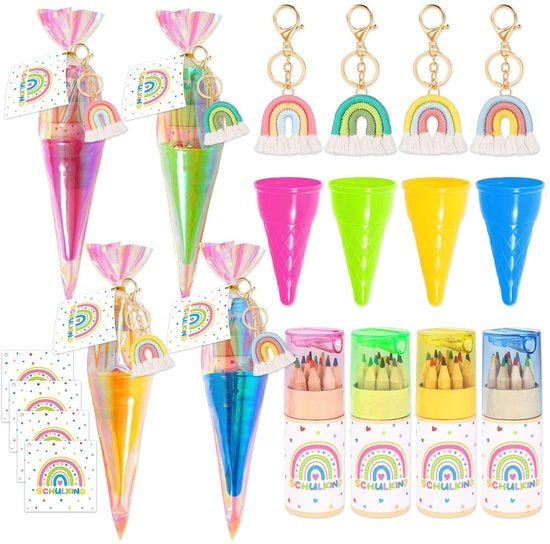 Set di 4 zuppierini colorati - Zuppierini regalo - Scheda per attaccare la chiave - Scheda per la prima giornata di scuola - Zainetto per la scuola