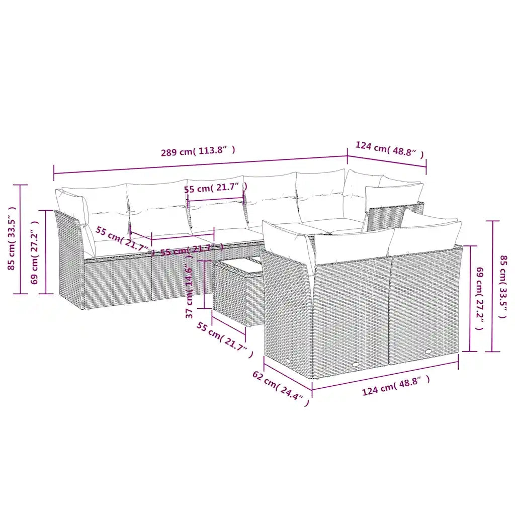 Set Divani da Giardino 9pz con Cuscini Marrone in Polyrattan