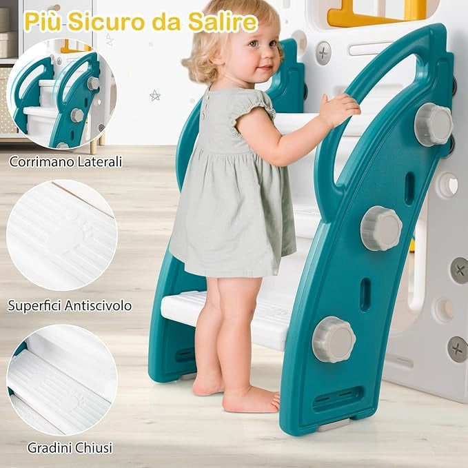 10 in 1 Parco Giochi per Bambini, Set Altalena e Scivolo con Canestro da Basket Telescopio Volante, Palestra da Gioco per Bambini 1 Anni + (Giallo)