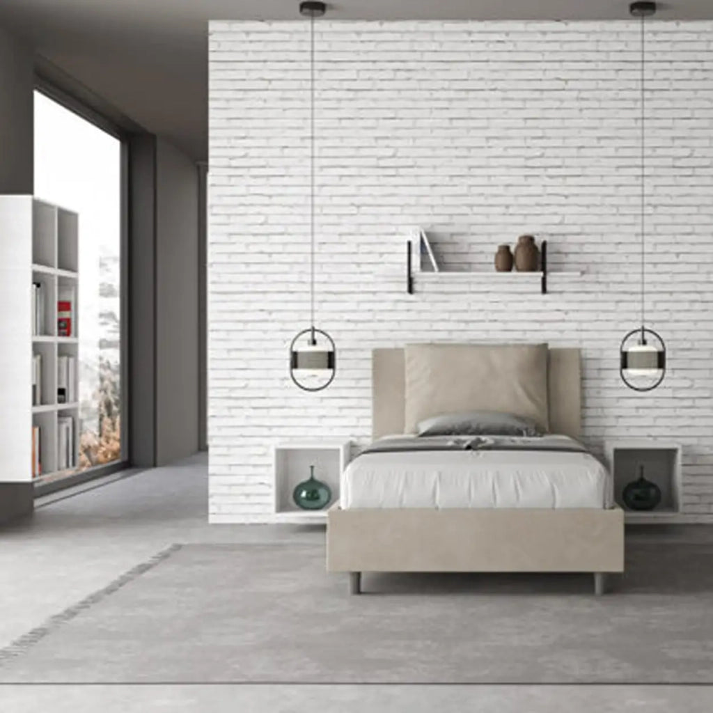 Letto una piazza e mezza senza rete imbottito 120x210 microfibra sabbia Antea