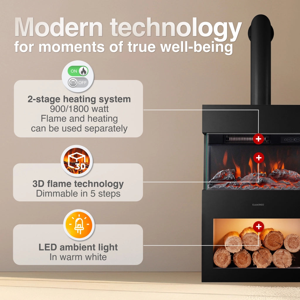 KAMINIO Camino elettrico HENRI con tubo del camino - Stufa elettrica riscaldamento, fiamma 3D, luce ambiente, scomparto de legno, telecomando - Nero