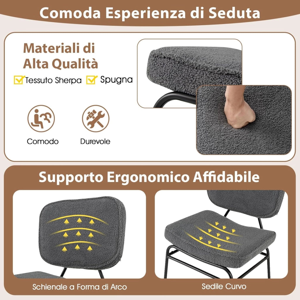 Sedia Relax Imbottita, Sedia da Lettura in Sherpa con Imbottitura in Spugna, Piedini Regolabili e Struttura in Metallo, Sedia Moderna per Soggiorno, Studio, Portata 150 kg (Grigio)