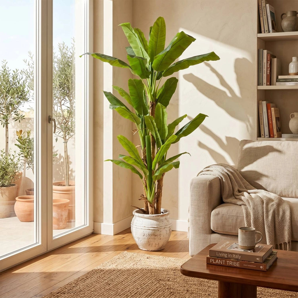Albero di Banano Artificiale 250cm con 4 Fusti e 34 Foglie Realistiche, Pianta Tropicale Decorativa per Interni, Uffici,