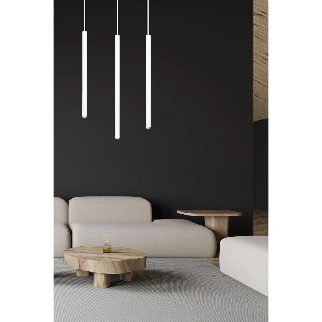 Lampadario 3 Luci Moderno Shu Acciaio Bianco E Paralumi A Cilindri Sottili