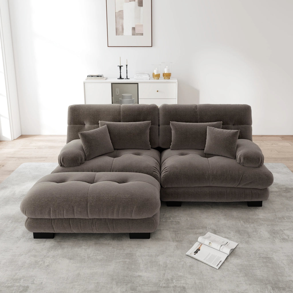 Divano Angolare in Velluto ¨C MINIMAL ¨C Marrone, con Cuscini e Poggiapiedi