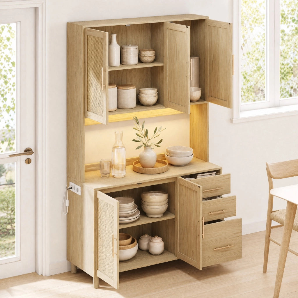Credenza con 3 cassetti e 3 ante con ripiani regolabili prese USB e illuminazione led per cucina in MDF colore naturale