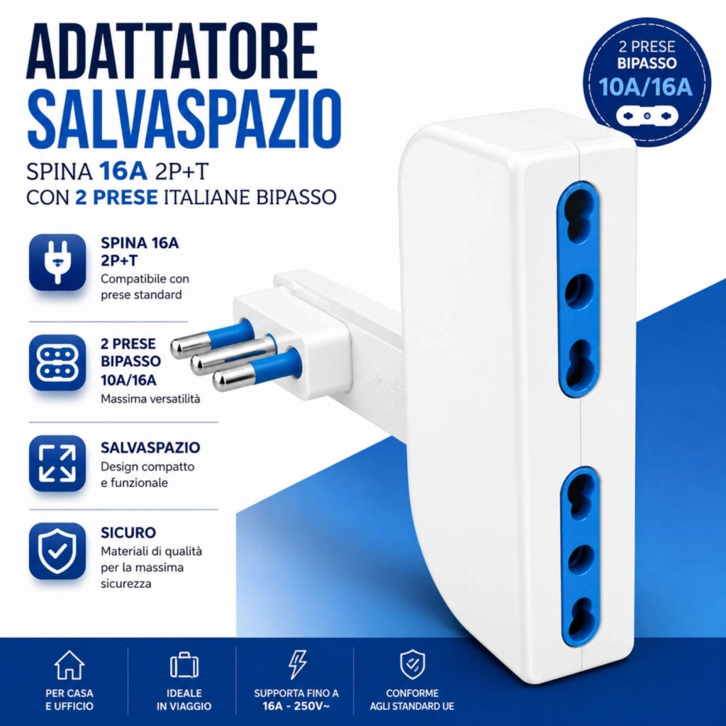 Adattatore Salvaspazio Spina 16A 2P+T con 2 Prese Bipasso 10/16A, Bianco/Nero (Bianco)