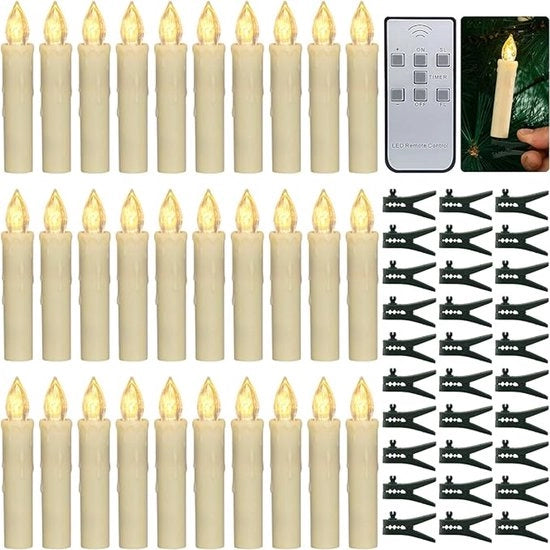 Illuminabili LED senza fiamma, pacchetto da 30 pezzi, candele a batterie con timer a distanza, clip rimovibile e anello impermeabile. Adatto per feste in casa e alberi di Natale all'aperto e all'interno.