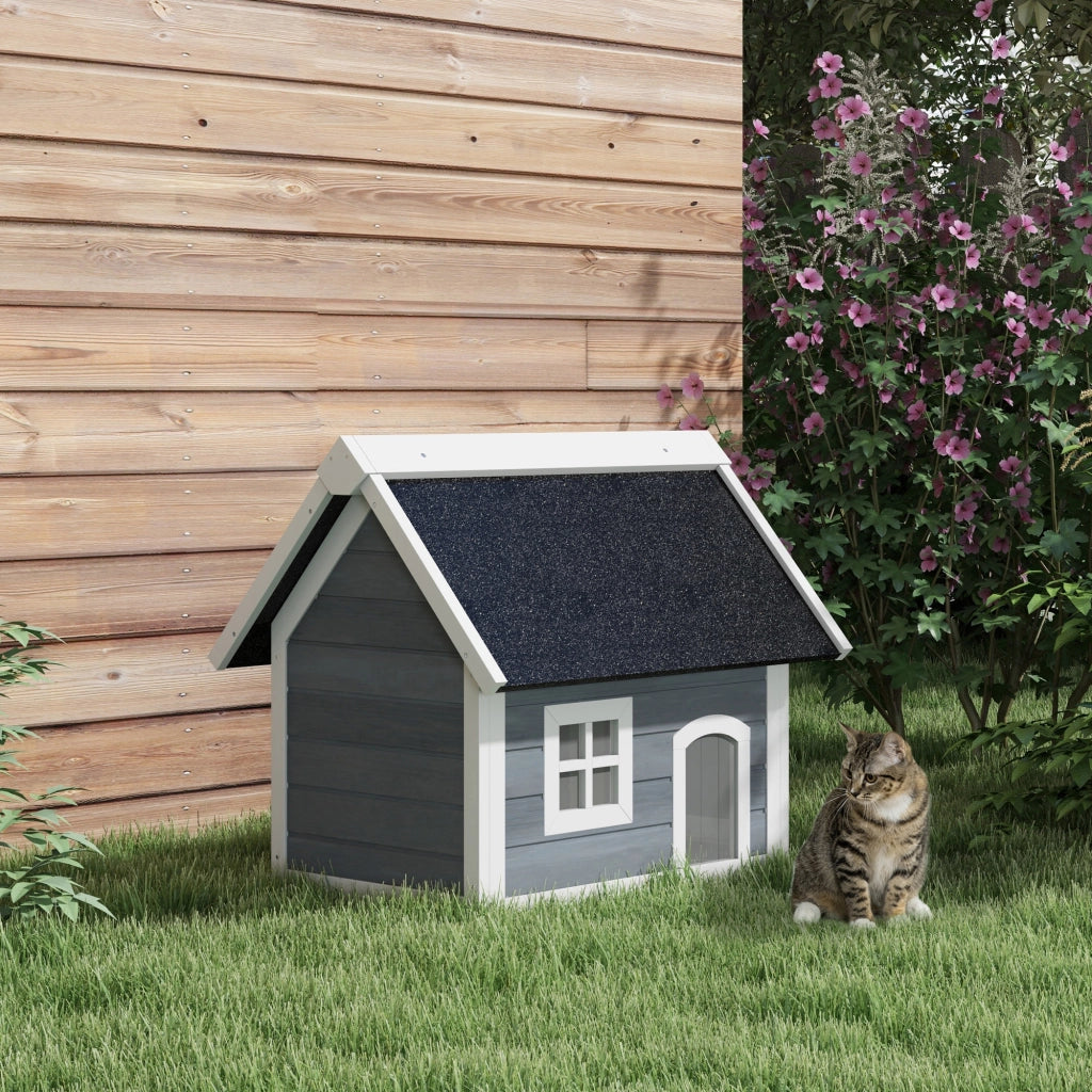Casetta per Gatti in Legno ¨C Xylo ¨C Tetto Apribile 3 Porte Finestra Esterno 77x57,5x68cm Grigio Nero