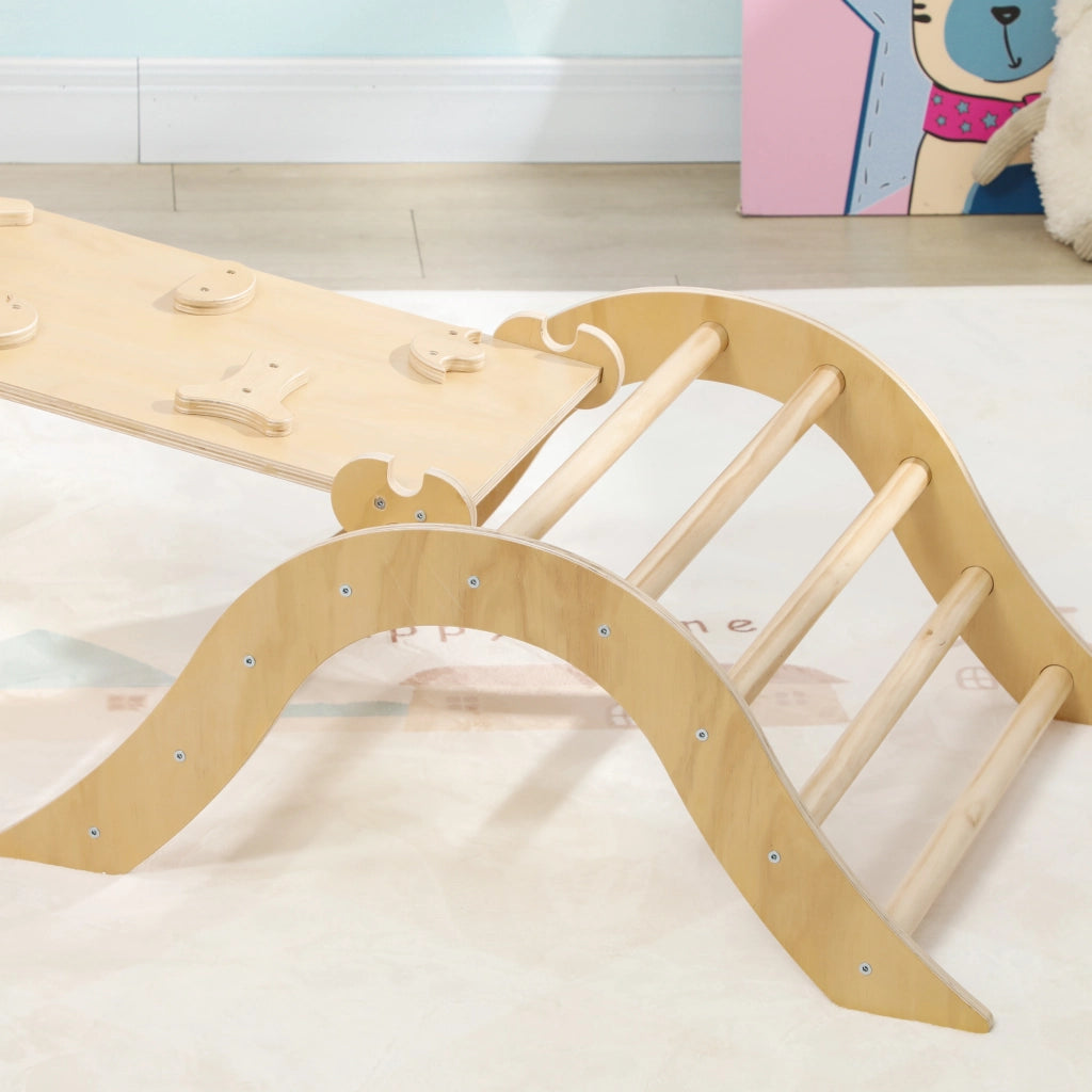 Letto a Soppalco per Bambini con Rampa e Sacco Sabbia 8 in 1 ¨C zephmum ¨C 175x59.5x60 cm Legno Naturale
