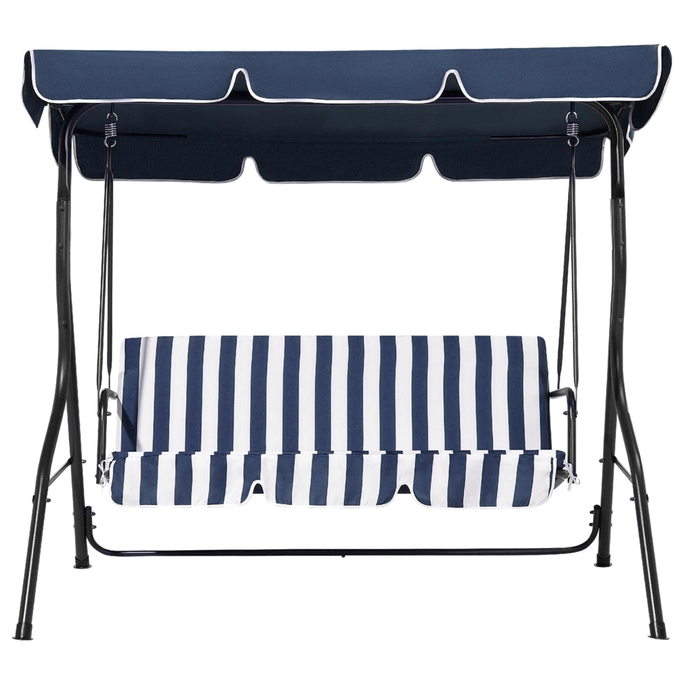 Altalena da giardino per patio con struttura in acciaio a rete a righe blu a 3 posti con baldacchino