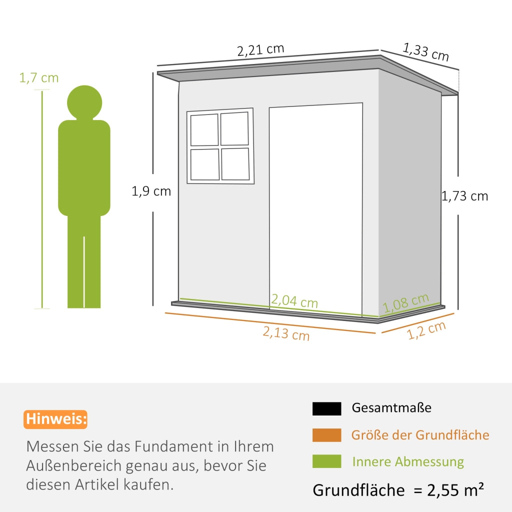 Capanno da giardino 2;55 m2; capanno da giardino con tetto a pendenza singola; 221 x 133 x 190/173 cm; capanno attrezzi con porta chiudibile a chiave; finestra; garage per biciclette; armadietto in acciaio; per giardino; giardino; grigio scuro