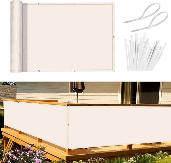 Schermo per balcone, protezione vista, copertura balcone, 90 x 500 cm, protezione dal vento, opaco, rivestimento balcone, PES 170g/m², protezione dal vento e UV, con occhielli e cavi avvolgenti, bianco crema