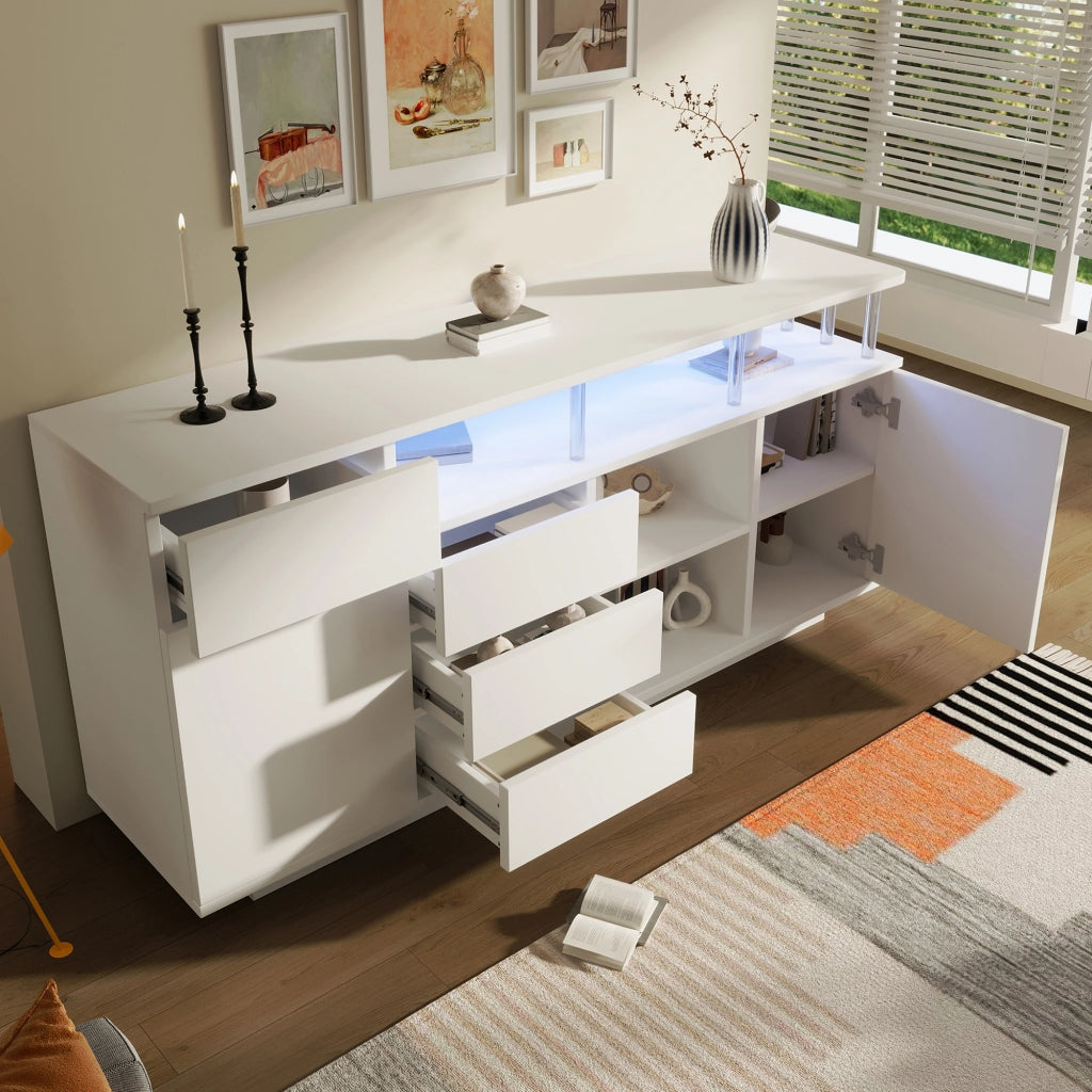 Credenza con 4 cassetti; 2 ante e LED - per soggiorno - 160×40×75 cm - bianca