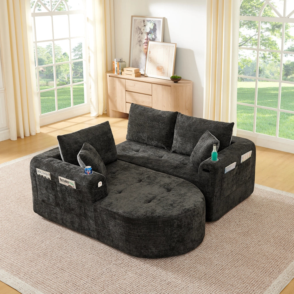 Divano Angolare L Form con Braccioli e Portabicchieri ¨C MINIMAL ¨C Tessuto Lino Beige